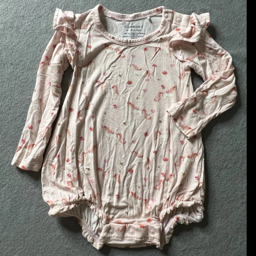 Posh Peanut Long Sleeve Frilled Bodysuit Girls 6-12 Months Unicorn Pink Bamboo